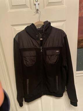 GUESS Men's XL Black Mixed Media Full Zip Hooded Jacket with Pocket Detail